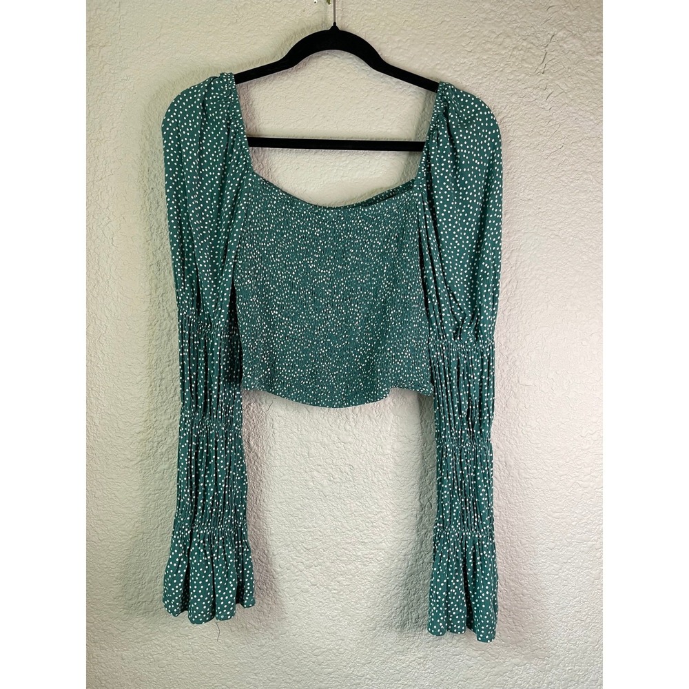 Y2K Blue Rain Smocked Crop Top Longโ Sleeve Polka Dot Blouse Green Medium